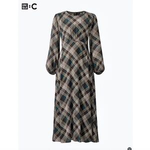 UNIQLO:C Printed Flair Long Sleeve Midi Dress in Dark Plaid - NWT! - M